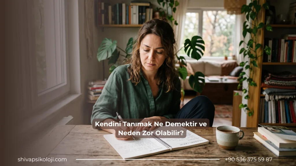 Kendini tanımaya çalışırken düşüncelerini not eden yetişkin