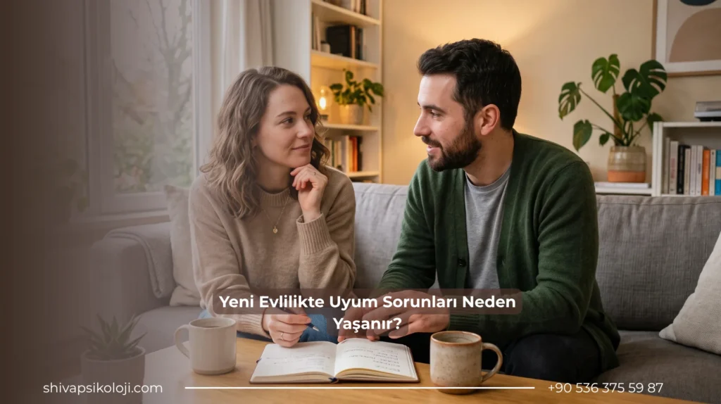 Evde günlük yaşam planları hakkında konuşan evli çift